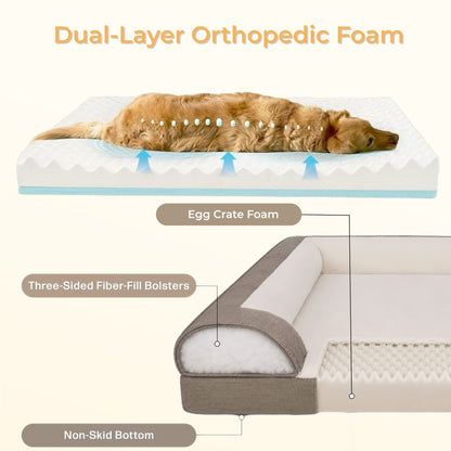Dog Bed for Large and Extra Large Dogs, Waterproof Egg Crate Foam Pet Sofa Bed with Removable Bolster, Washable Cover and Non-Slip Bottom