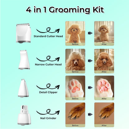 4-in-1 Dog Grooming Kit, Pet Hair Trimmer and Nail Grinder with LCD Display, 2 Speeds, Rechargeable Cordless Clippers, Low Noise, IPX7 Waterproof