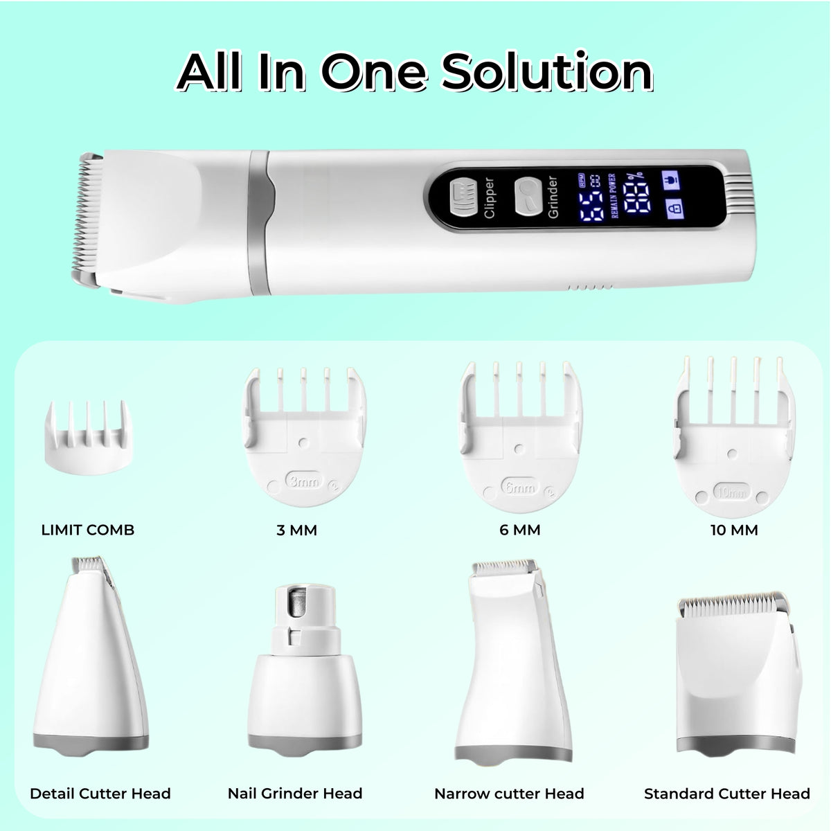 4-in-1 Dog Grooming Kit, Pet Hair Trimmer and Nail Grinder with LCD Display, 2 Speeds, Rechargeable Cordless Clippers, Low Noise, IPX7 Waterproof