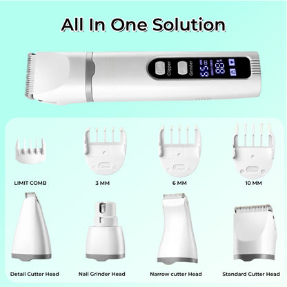 4-in-1 Dog Grooming Kit, Pet Hair Trimmer and Nail Grinder with LCD Display, 2 Speeds, Rechargeable Cordless Clippers, Low Noise, IPX7 Waterproof