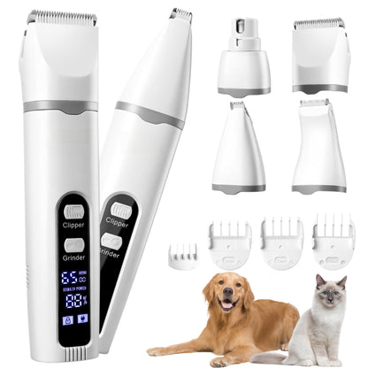 4-in-1 Dog Grooming Kit, Pet Hair Trimmer and Nail Grinder with LCD Display, 2 Speeds, Rechargeable Cordless Clippers, Low Noise, IPX7 Waterproof