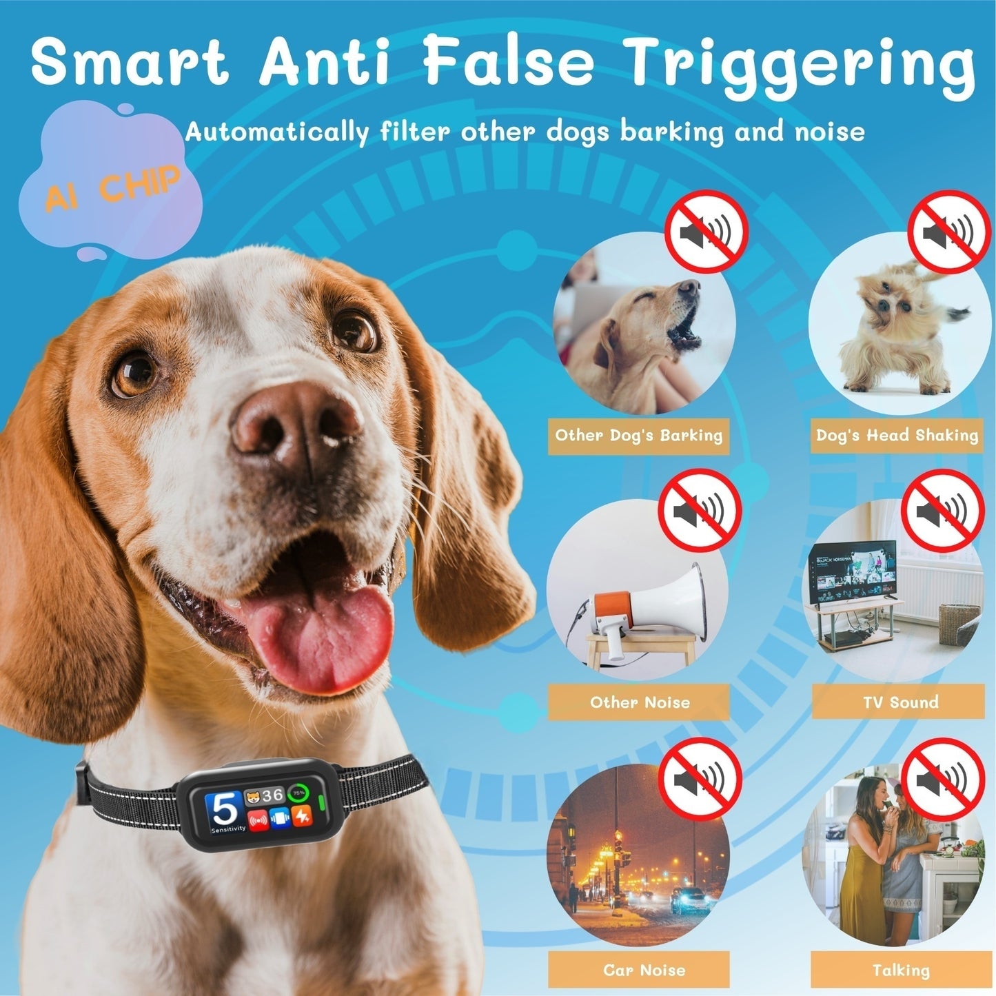 Smart Dog Bark Collar 2Pack, AI-Powered Bark Detection Collar, Waterproof Automatic Shock Collar for Small Medium Large Dogs 8-120lbs